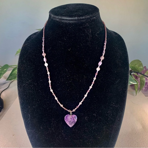 Purple Amethyst Crystal Heart Pendant Necklace Beaded Gemstone Long Delicate 23" - Picture 15 of 15